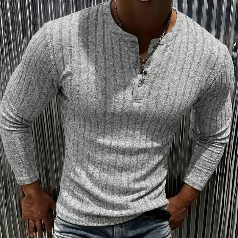 Men’s Ribbed Henley Long Sleeve Shirt Slim Fit Stretch Casual Knit Pullover for Men Soft Breathable Fashion Tee