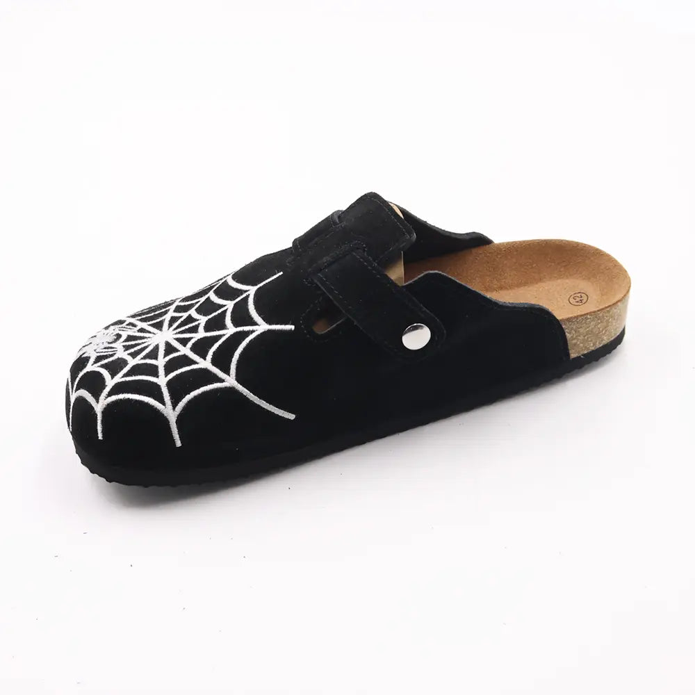 Gothic Men's Boston-Style Clogs with Spider & Web Embroidery, Comfort Cork Footbed, Adjustable Buckle Casual Slip-On Shoes