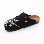 Gothic Men's Boston-Style Clogs with Spider & Web Embroidery, Comfort Cork Footbed, Adjustable Buckle Casual Slip-On Shoes