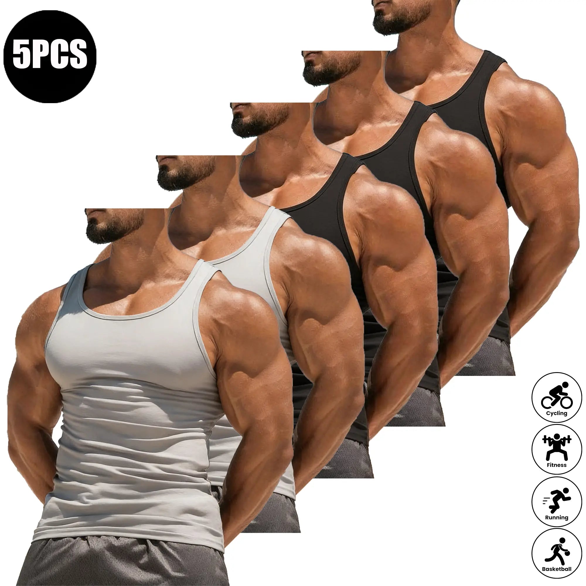 Men’s Summer 5-Pack Solid Color Tank Tops, Lightweight Breathable High-Stretch Sports Shirts, Suitable for Fitness Workouts and Everyday Wear, Plain, Athletic Apparel