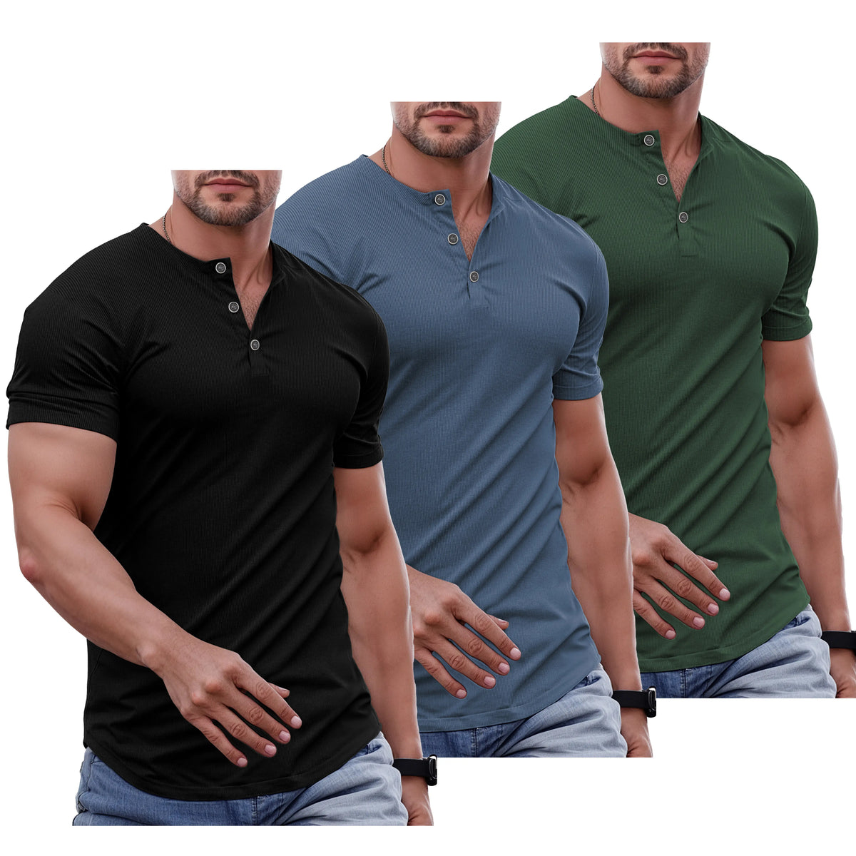 Men's Slim Fit Henley Athletic Longline Workout T-Shirt Heavyweight Stretch