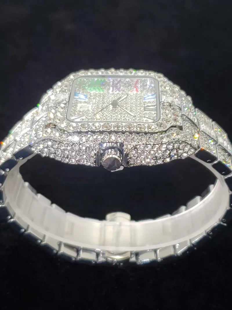Men's Rhinestone Decorated Square Quartz Watch, Rhinestone Embellished Watch, for Men As Gift with Box, Square Dial, Stainless Steel Wristwatch, Rhinestone Watches