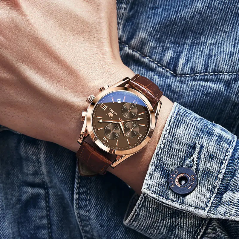 OLEVS Watch for Men Leather Casual Chronograph Analog Dress Strap Waterproof Luminous Fashion Easy to Read Gold Case Mans Watches