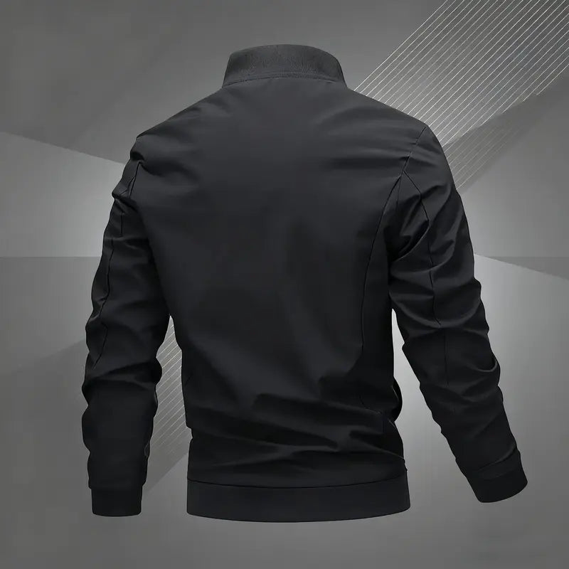 Men's Zip-Up Pilot Jacket with Pockets and Letter Embroidery