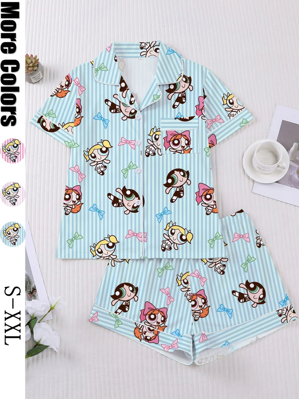 Women's Cartoon Print Short Sleeve Pajama Set with Shorts