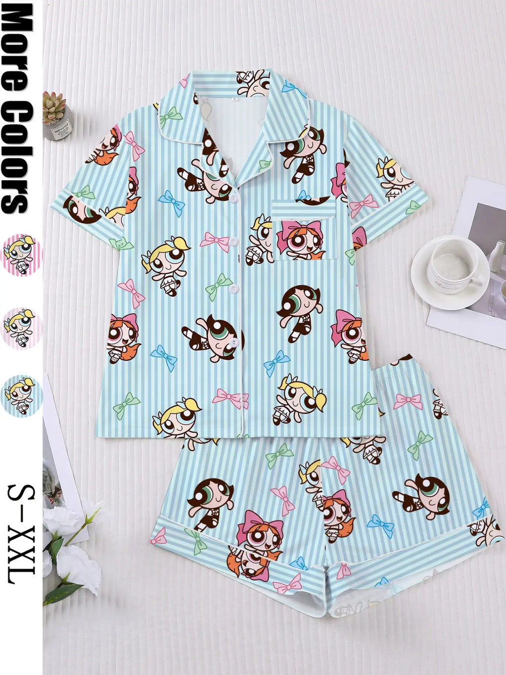 Women's Cartoon Print Short Sleeve Pajama Set with Shorts