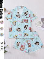 Women's Cartoon Print Short Sleeve Pajama Set with Shorts