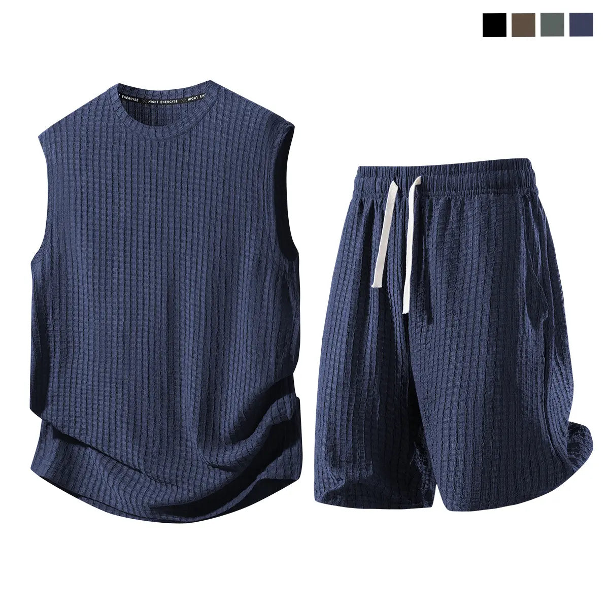Men's 2-Piece Plain Waffle Knit Sports Clothing Set - Sleeveless Round Neck Tank Top, Elastic Waist Drawstring Casual Shorts, Breathable Comfortable Summer Apparel for Workout, Daily Wear, Two Piece Set