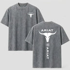 Western Style Bull Skull Graphic T-Shirt, Vintage Mineral Wash Cotton Tee