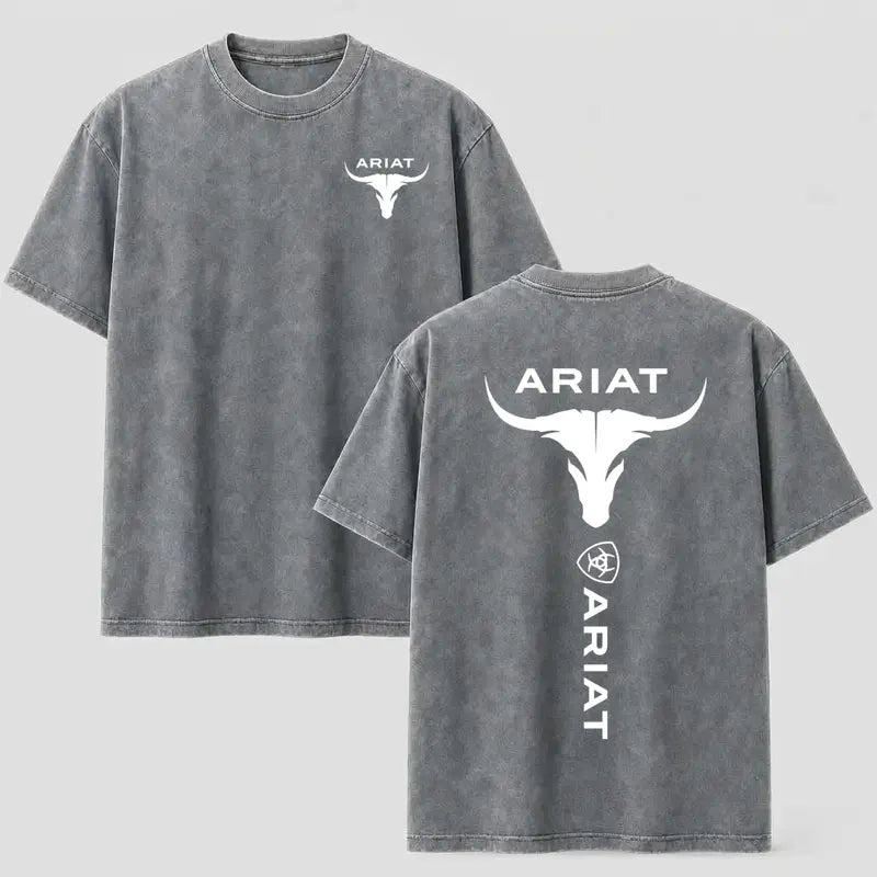 Western Style Bull Skull Graphic T-Shirt, Vintage Mineral Wash Cotton Tee