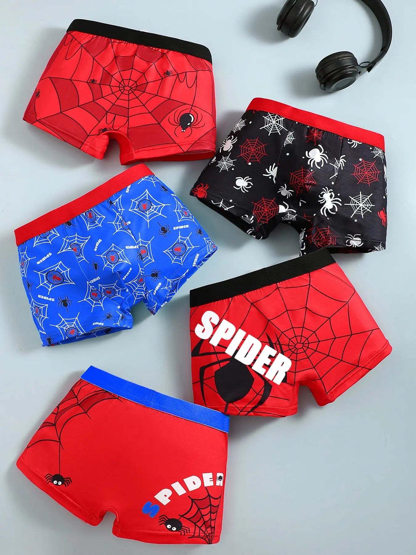 5-Pack Boys' Underwear Set, Spider Print Cartoon Design, Soft & Comfortable, Casual Street Style, Suitable for Ages 4-10, Printed Underwear