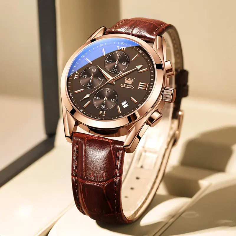 OLEVS Men's Chronograph Watch with Leather Strap, Luminous Hands and Gold Case for Daily Wear