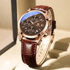 OLEVS Men's Chronograph Watch with Leather Strap, Luminous Hands and Gold Case for Daily Wear