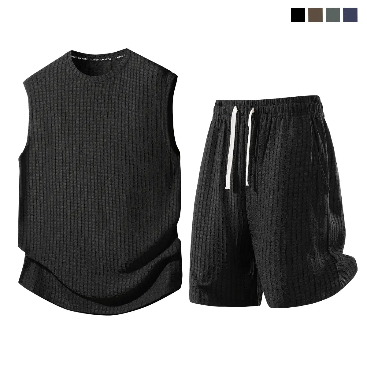 Men's 2-Piece Plain Waffle Knit Sports Clothing Set - Sleeveless Round Neck Tank Top, Elastic Waist Drawstring Casual Shorts, Breathable Comfortable Summer Apparel for Workout, Daily Wear, Two Piece Set