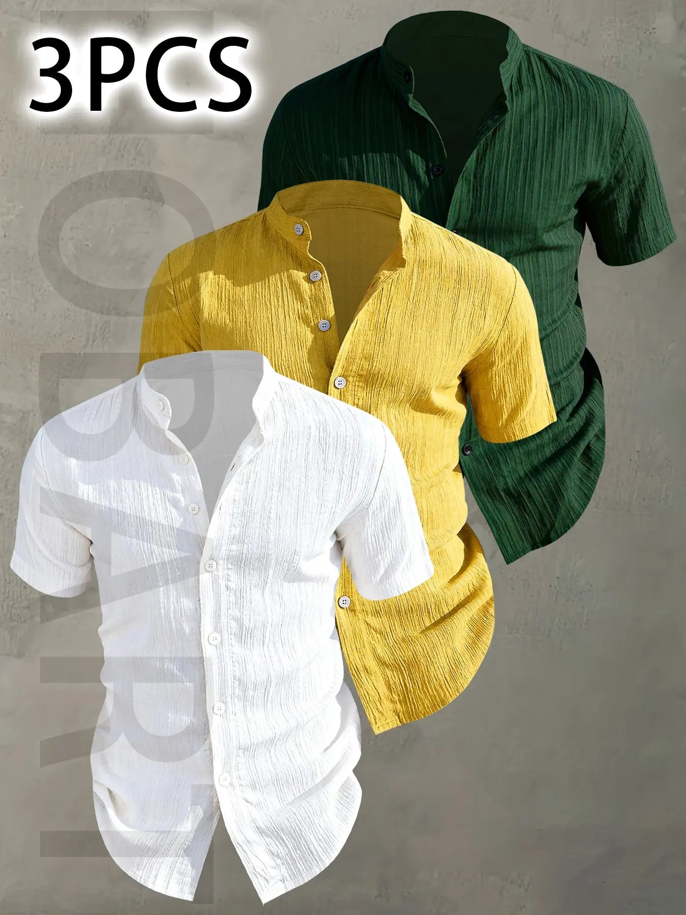 3pcs Men's Summer Lightweight Casual Button-Up Shirts with Stand Collar
