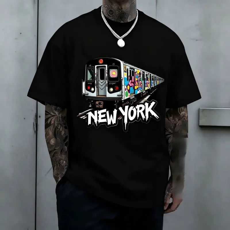 New York Subway Graffiti Print T-Shirt - Urban Street Art Tee, Short Sleeve Crew Neck, Breathable Regular Fit Casual Top for Everyday Wear & Outdoor Activities, Machine Washable