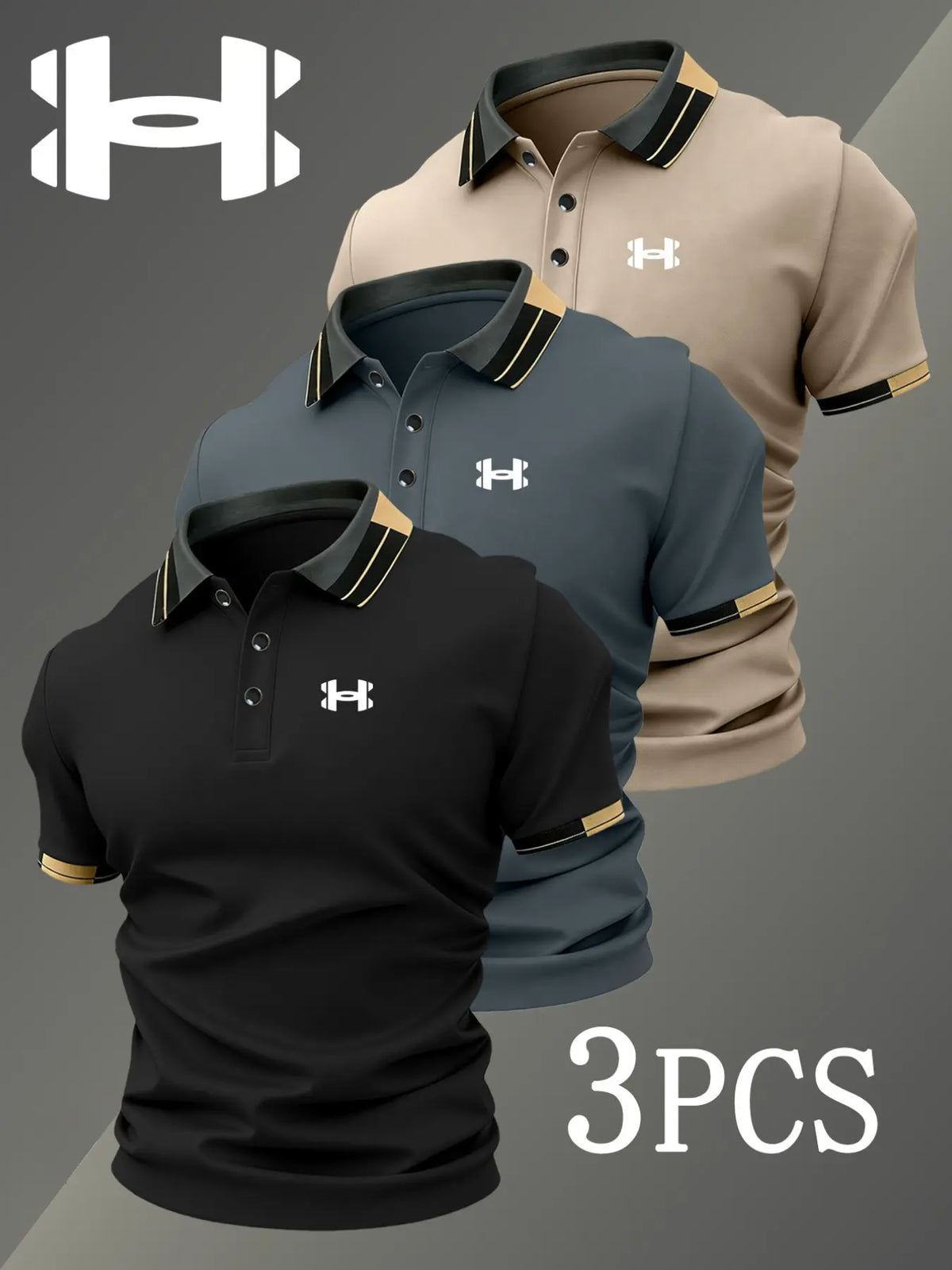 Men's Golf Polo Shirts Set, Fashion Logo Print, Fitted Trendy Casual Geometric Pattern, Breathable Stretchy Fabric, All-Season Comfort, Short Sleeve Polo, Collared Polo Shirts