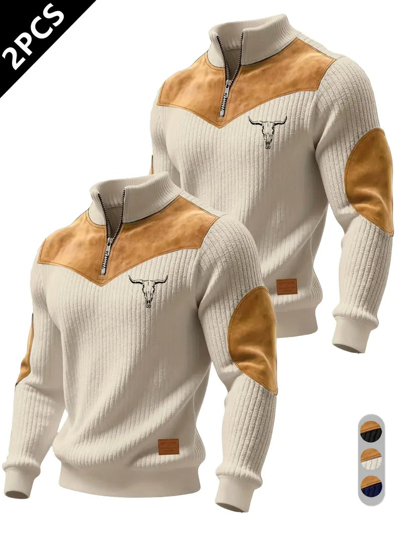 Men's Half-Zip Stand Collar Knit Top, Suede Texture Shoulder Patches, Bull Head Print, Slim Fit, Retro American Style, Casual Wear, Knitwear