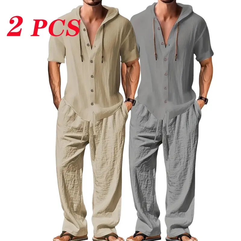 Men's 2-Piece Linen Washed Athletic Set - Stylish Plain Hooded Drawstring Sweatshirt, Loose Breathable Thin Fabric Wide-Leg Pants, Black + White Shortsleeve Casual Summer Menswear Sets, Men's 2 Piece Sets