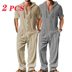 Men's 2-Piece Linen Washed Athletic Set - Stylish Plain Hooded Drawstring Sweatshirt, Loose Breathable Thin Fabric Wide-Leg Pants, Black + White Shortsleeve Casual Summer Menswear Sets, Men's 2 Piece Sets