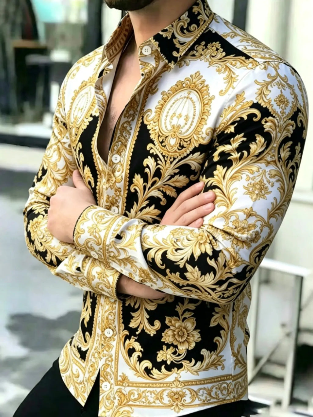 Men's Vintage Baroque Print Long Sleeve Shirt, Casual Collared Top, Collared Button Down, Button Front Shirts, Slim-Fitting, All Seasons, Classic Style, Comfortable and Stylish