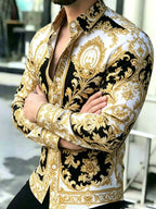 Men's Vintage Baroque Print Long Sleeve Shirt, Casual Collared Top, Collared Button Down, Button Front Shirts, Slim-Fitting, All Seasons, Classic Style, Comfortable and Stylish