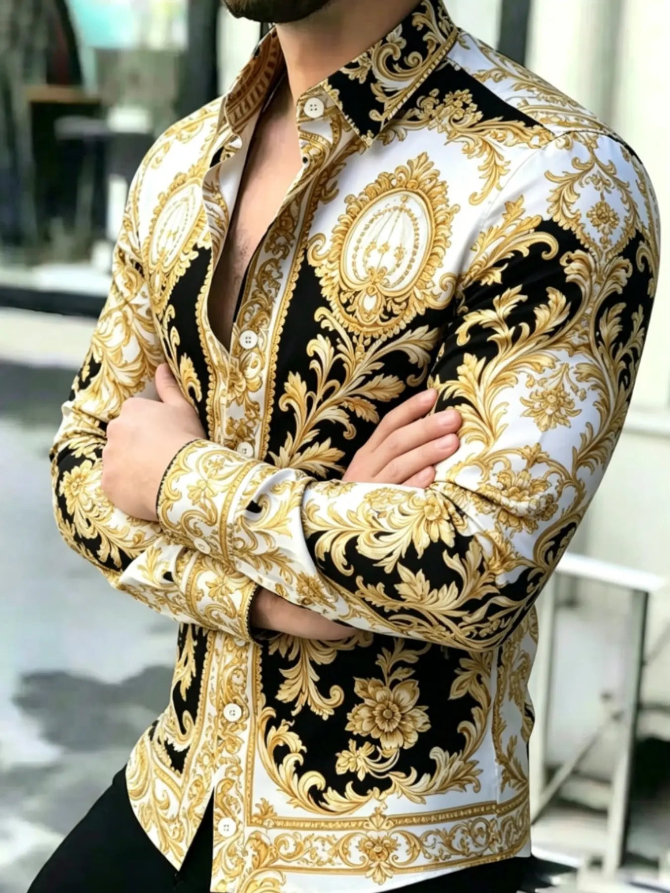 Men's Vintage Baroque Print Long Sleeve Shirt, Casual Collared Top, Collared Button Down, Button Front Shirts, Slim-Fitting, All Seasons, Classic Style, Comfortable and Stylish