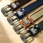 Unisex Minimalist Stylish Waistband Belt (1-Piece), Casual Business Trendy Belt for Women, Buckle-Free Easy Adjustable Holeless Eyelet-Free Cotton-PU Leather Strap, Large Square Alloy Buckle with Brass Accents, Durable Flexible Slip-On, Holiday Gift