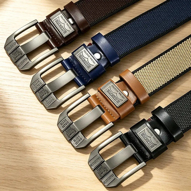 Unisex Minimalist Stylish Waistband Belt (1-Piece), Casual Business Trendy Belt for Women, Buckle-Free Easy Adjustable Holeless Eyelet-Free Cotton-PU Leather Strap, Large Square Alloy Buckle with Brass Accents, Durable Flexible Slip-On, Holiday Gift