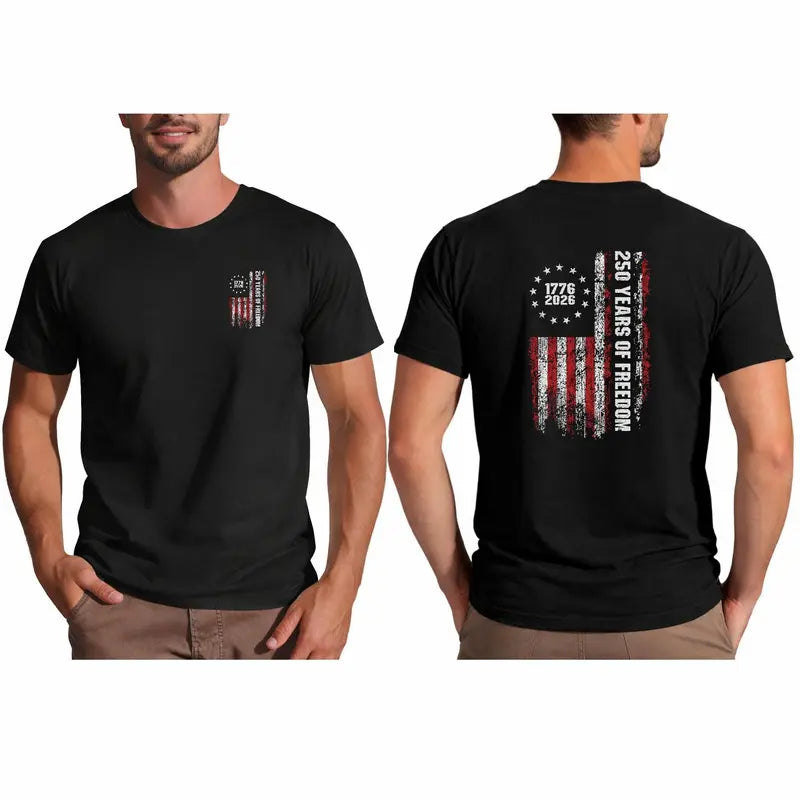 Double-Sided 250th Anniversary American Flag T-Shirt 1776-2026 Patriotic Graphic Tee for Men