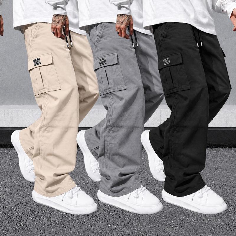 URMCZ Men's 3-Pack Basic Menswear Plain Cargo Pants, Wide Leg Elastic Belt Loose Work Trousers with Pockets, Comfortable Day Outdoor Hiking Bottoms