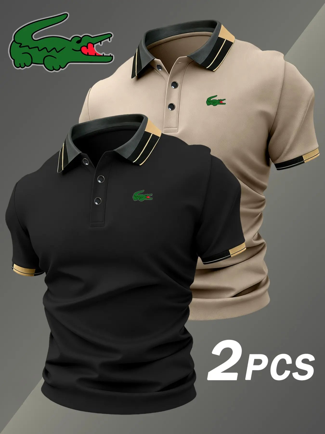 Men's Crocodile Print Polo Shirt, Elastic Classic Casual Breathable, Four-Season Wear, Comfortable Durable Polo, Two-Piece Set