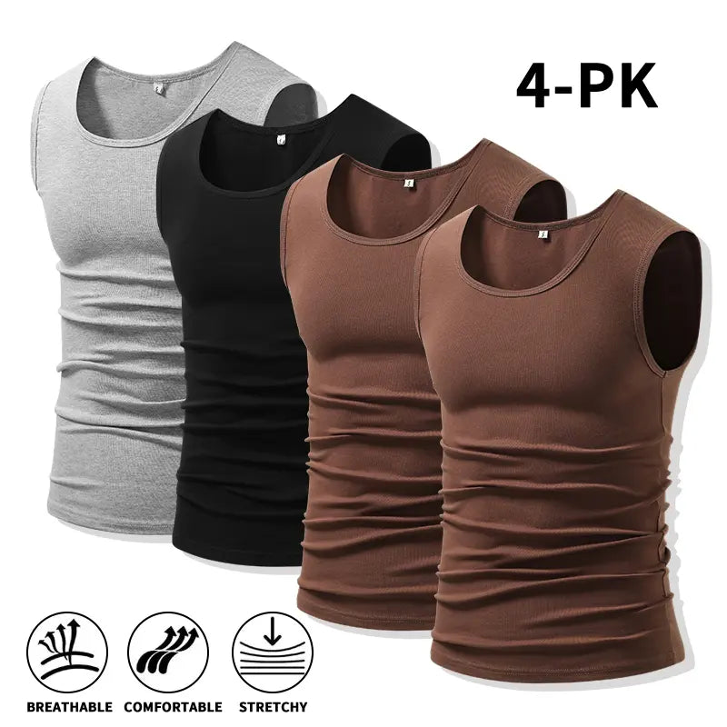 Men 4Pack Cotton Muscle Tank Tops Comfort Stretchy Breathable Summer Workout Sleeveless Sports Undershirts (optional sets of 4 or 2) High Elasticity Lifestyle Beater