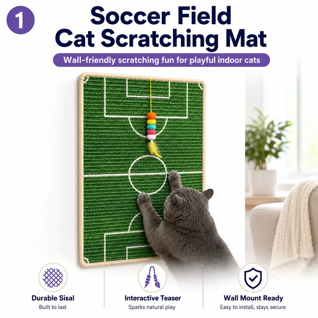Premium Natural Sisal Cat Scratcher Mat - Indoor Cats Vertical Scratcher, Wall-Mounted Self-Adhesive Pad with Hanging Toy, Furniture Protector for Sofa, Door, Natural Sisal Scratcher