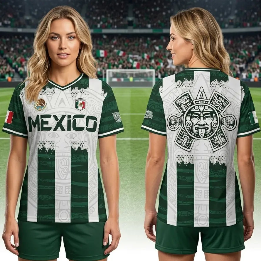 2026 Mexico Aztec Calendar Soccer Jersey, All over Print, Casual Style for All Seasons, Unique Piedra del Sol Design, Classic Throwback Jersey