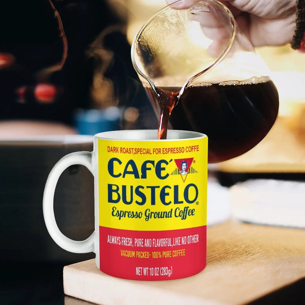 Café Bustelo Latin Ceramic Novelty Coffee Mug - Latin Artwork, Bold Colors, Black Accent, Microwave Safe Drinkware for Brazil & Colombia Themed Use, Washable Latino Gift