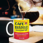 Café Bustelo Latin Ceramic Novelty Coffee Mug - Latin Artwork, Bold Colors, Black Accent, Microwave Safe Drinkware for Brazil & Colombia Themed Use, Washable Latino Gift