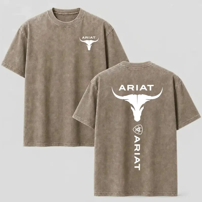 Western Style Bull Skull Graphic T-Shirt, Vintage Mineral Wash Cotton Tee
