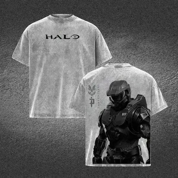 Halo Master Chief Double Printed Acid Washed Tee Vintage Gaming Graphic T Shirt Oversized Loose Fit Soft Cotton Short Sleeve Crew Neck Retro Streetwear Lightweight Casual Daily Wear Trendy Gamer Top Holiday Gift for Men Women
