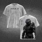 Halo Master Chief Double Printed Acid Washed Tee Vintage Gaming Graphic T Shirt Oversized Loose Fit Soft Cotton Short Sleeve Crew Neck Retro Streetwear Lightweight Casual Daily Wear Trendy Gamer Top Holiday Gift for Men Women