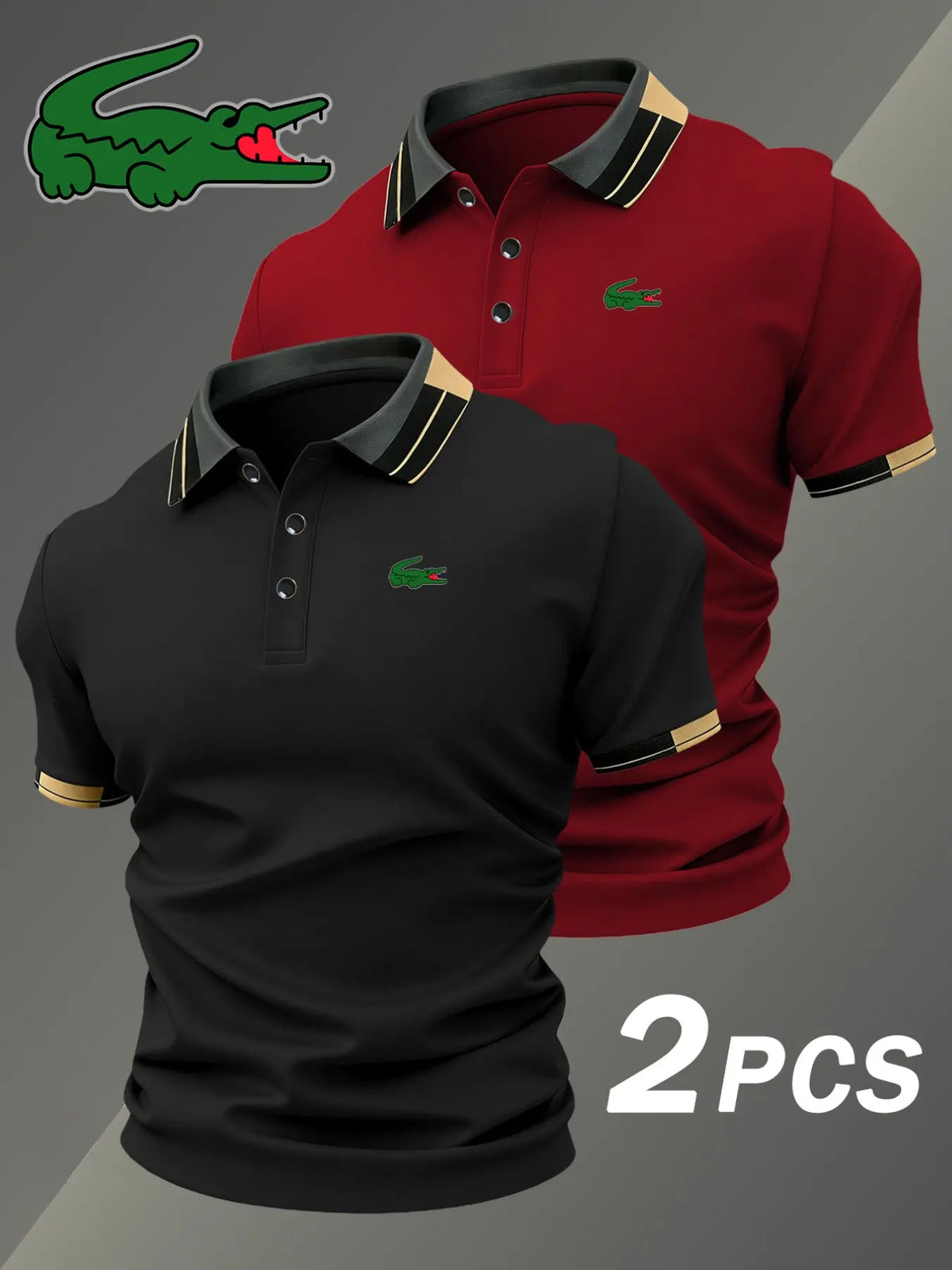 Men's Crocodile Print Polo Shirt, Elastic Classic Casual Breathable, Four-Season Wear, Comfortable Durable Polo, Two-Piece Set