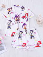 2-piece children's full body kpop cartoon character colorful star pattern printed short sleeved shorts with soft and comfortable collar design, small pocket elastic waistband, home daily casual children's clothing Sleepwear Collared Pajama Set