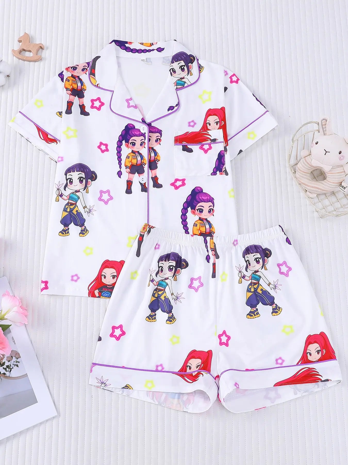 2-piece children's full body kpop cartoon character colorful star pattern printed short sleeved shorts with soft and comfortable collar design, small pocket elastic waistband, home daily casual children's clothing Sleepwear Collared Pajama Set