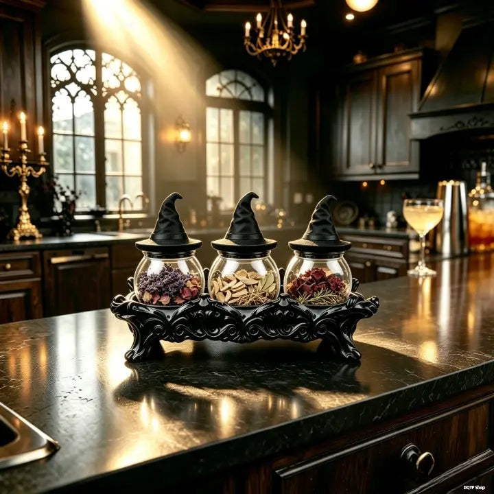 Witch Hat Spice Jar Set of 3 with Gothic Display Stand, Premium Glass Apothecary Spice Jars & Seasoning Containers for Salt, Pepper, Herbs, Spices, Halloween Kitchen Decor, Witchy Home Organization, Gothic Home Decor & Unique Gift