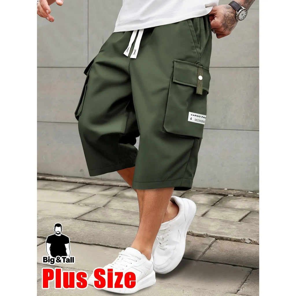 Men's Plus Size Cargo Shorts - Elastic Drawstring Waist & Multi-Pockets