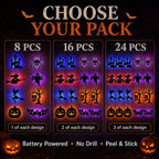 Halloween LED Silhouette Wall Light Stickers, Battery Powered Peel & Stick Decor Lights, No Drill PET Waterproof Wall Decor, Spooky Ghost Pumpkin Witch Bat Castle Spider Tree Ornaments for Home Window Door Party, 9/18/27 Pack Available