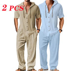Men's 2-Piece Linen Washed Athletic Set - Stylish Plain Hooded Drawstring Sweatshirt, Loose Breathable Thin Fabric Wide-Leg Pants, Black + White Shortsleeve Casual Summer Menswear Sets, Men's 2 Piece Sets