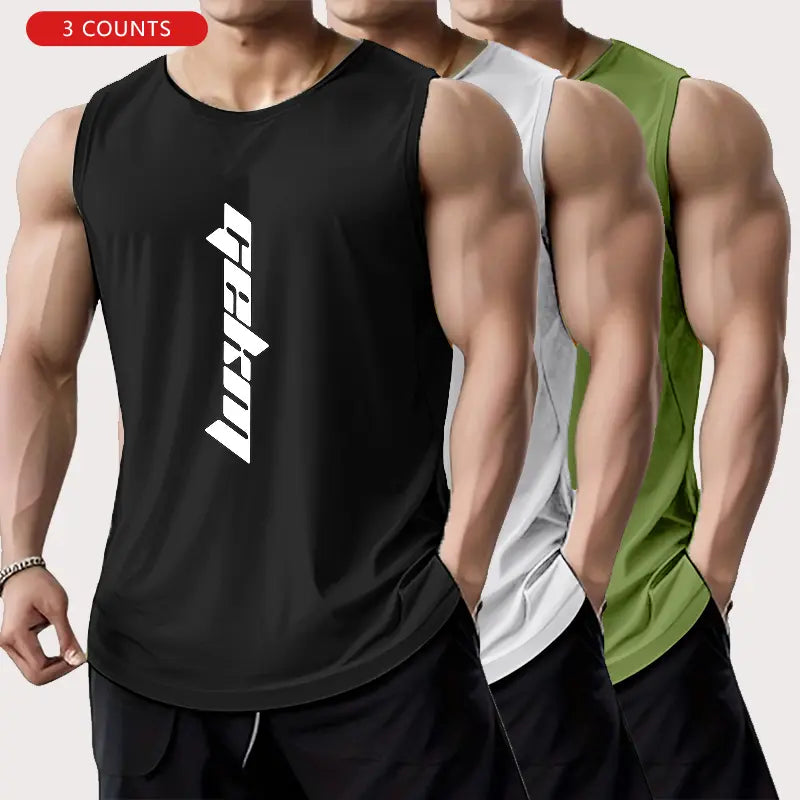 3-Pack Men's Letter Print Basketball Jersey Tank Tops - Breathable Polyester Mesh