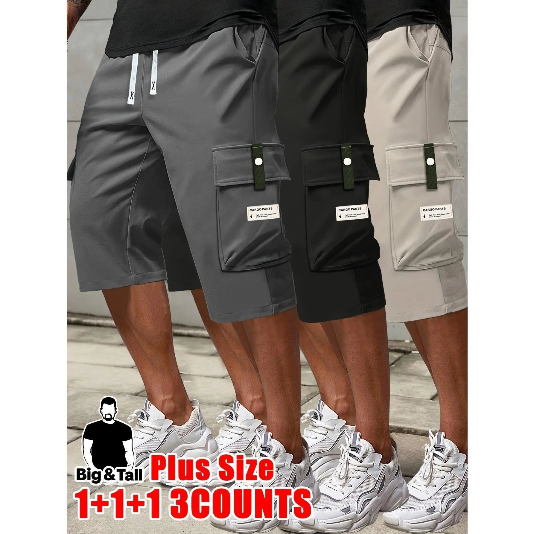 Men's Plus Size Cargo Shorts - Elastic Drawstring Waist & Multi-Pockets