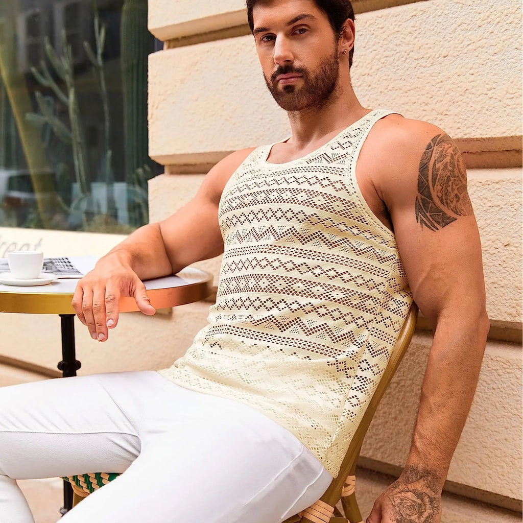 Runcati Mens See Through Vest Crewneck Sleeveless Tank Tops Muscle Sexy Mesh Shirts
